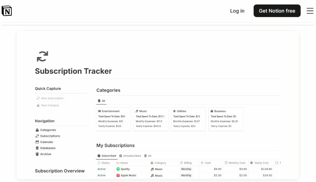 Notion Subscription Tracker